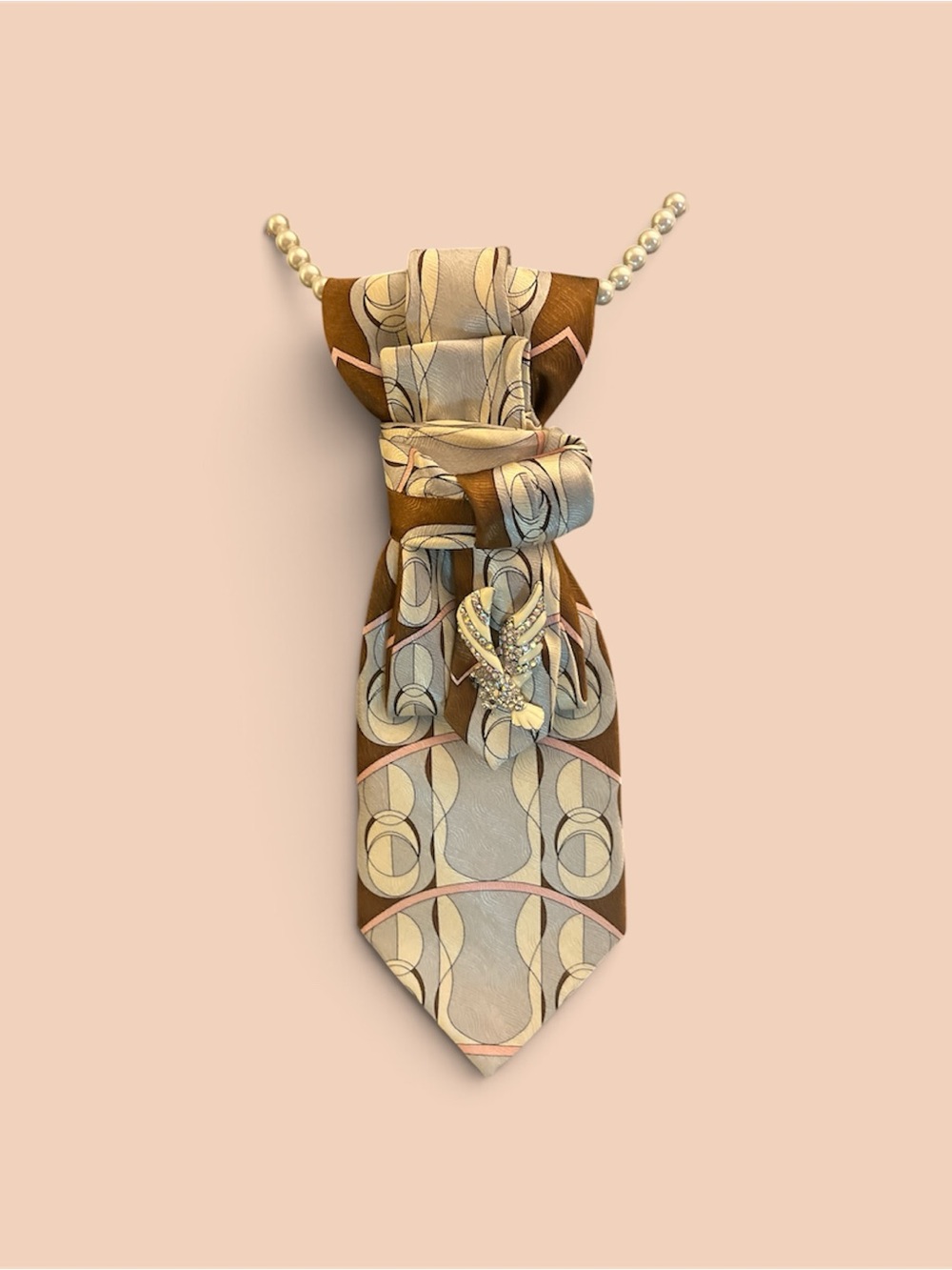 Gold & Brown Patterned Necklace with Crystal Pendant